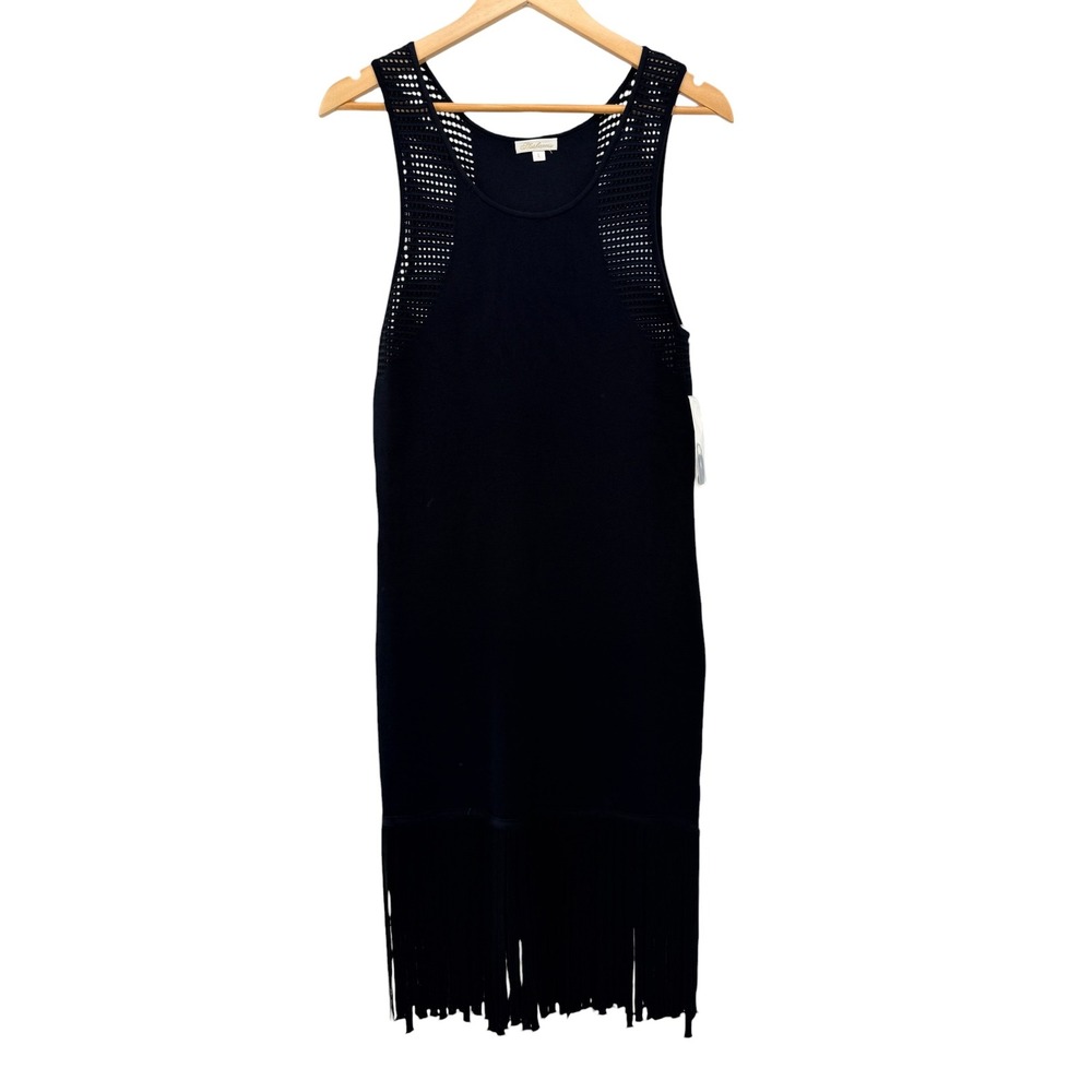 Shoshanna Womens Fringe Hem Perforated Knit Sheath Dress Black Size Large NWT - Picture 2 of 8